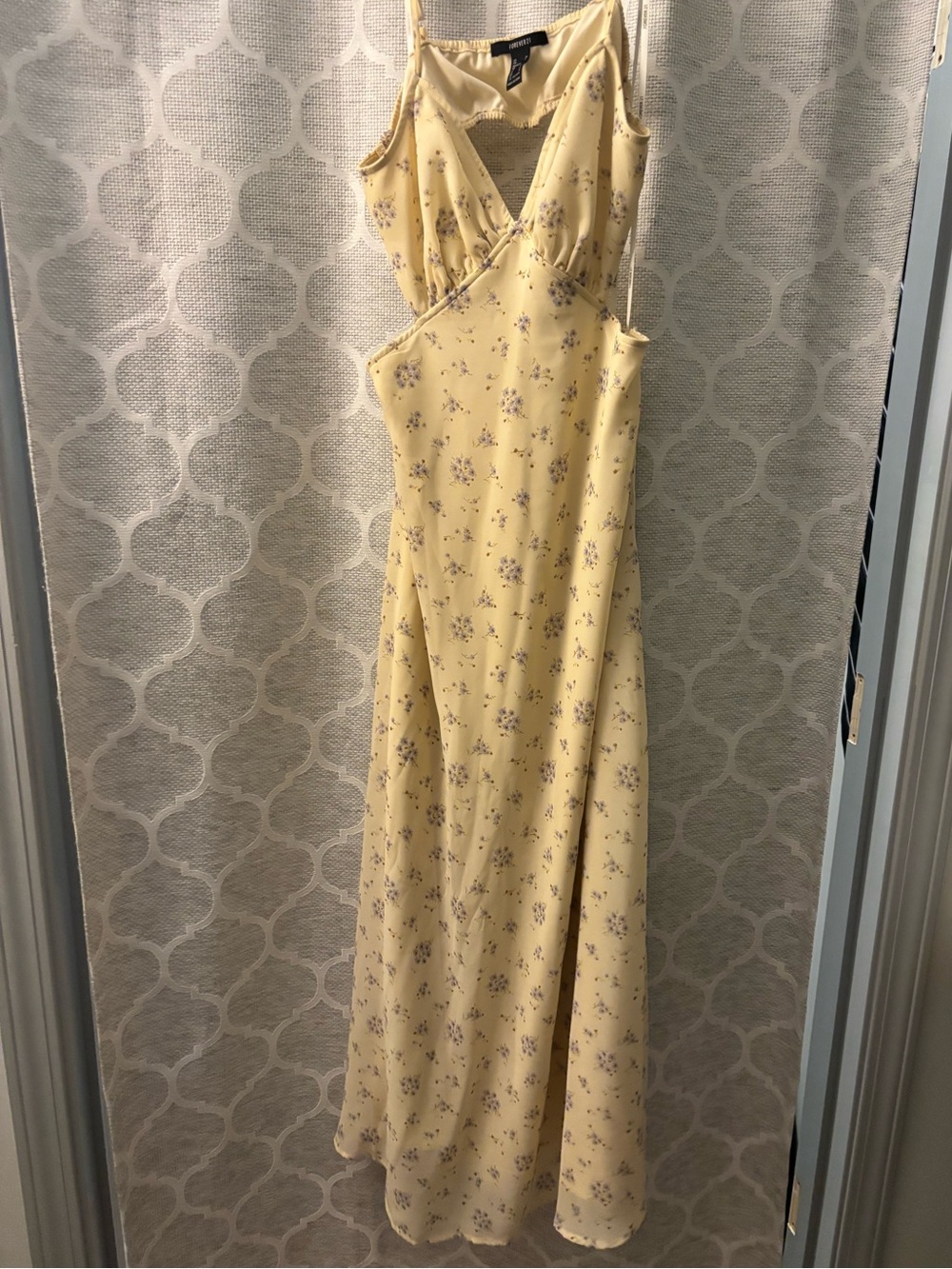 Forever 21 Pale Yellow Floral Maxi Dress with Purple Print